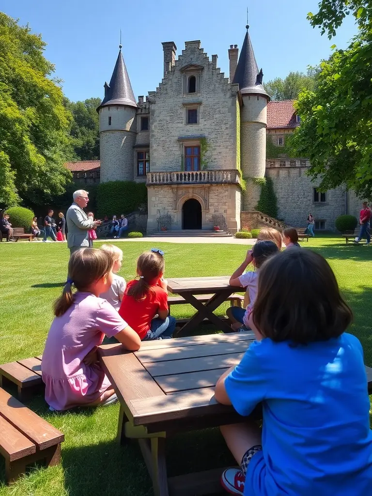 A photo of a group of students participating in an educational tour of the Chassey-le-Camp site, led by a knowledgeable guide.