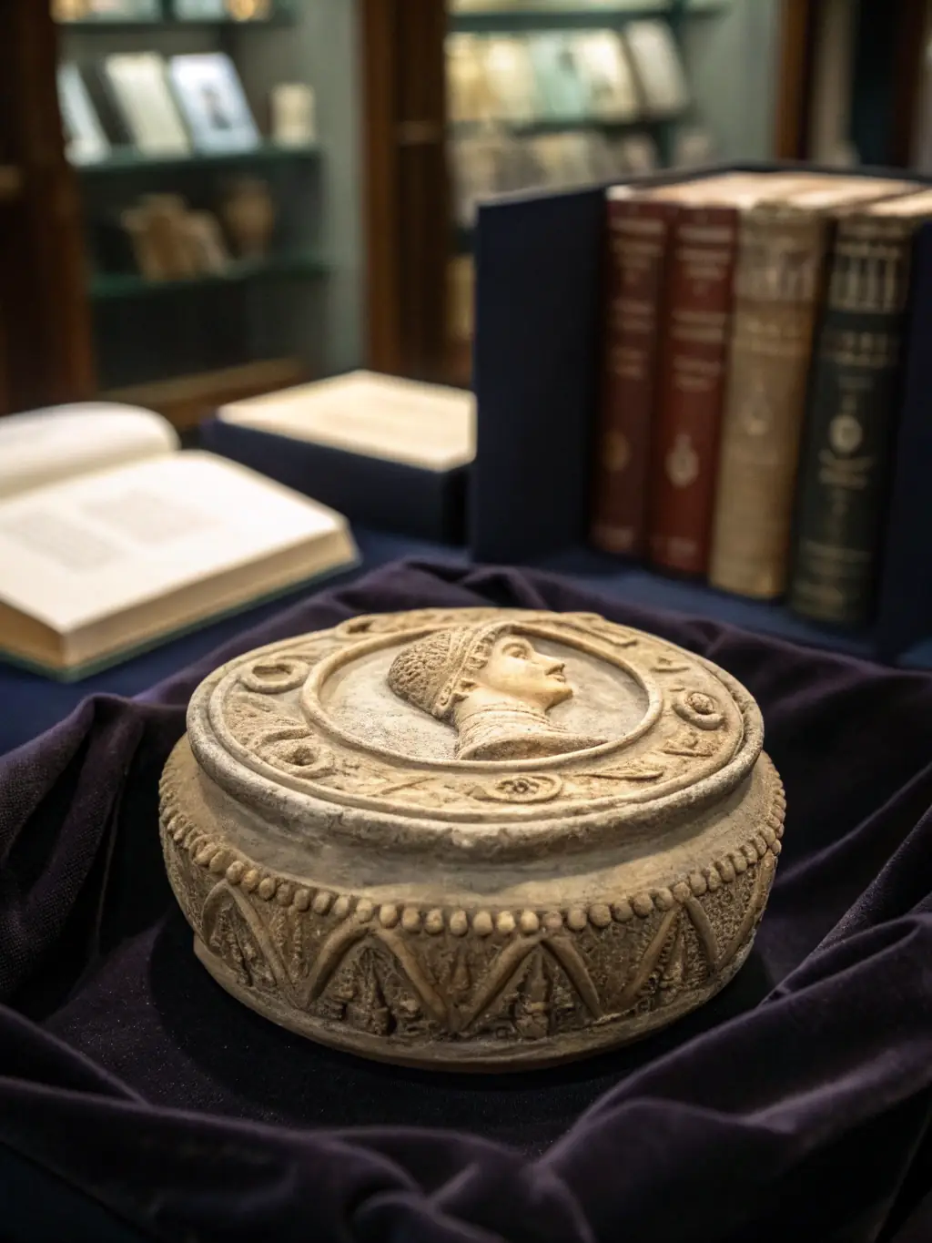 A photograph of a restored historical artifact from the Chassey-le-Camp site, displayed in a protective case.