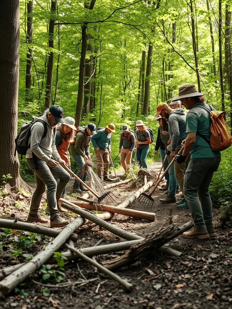 A photograph of volunteers clearing brush and debris from a section of the Chassey-le-Camp site, focusing on preserving the historical landscape.