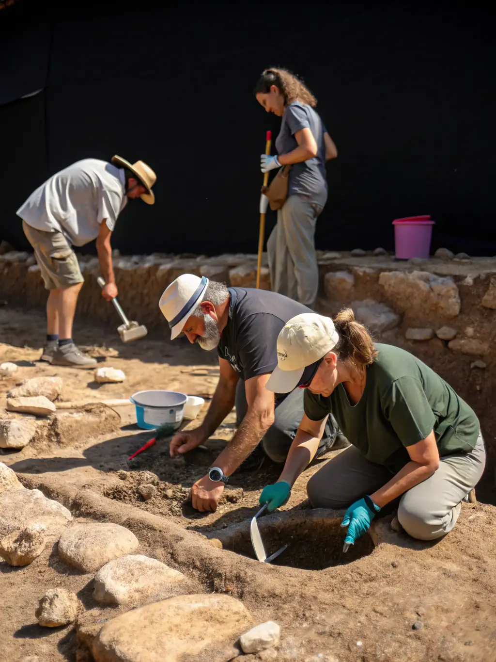 A photograph showcasing an archaeological dig at Chassey-le-Camp, with researchers carefully excavating artifacts.